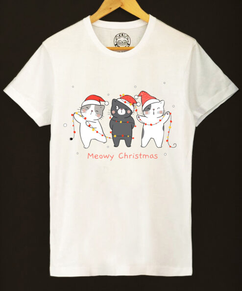 Tricou bumbac organic-Christmas Cats, Barbati-Alb