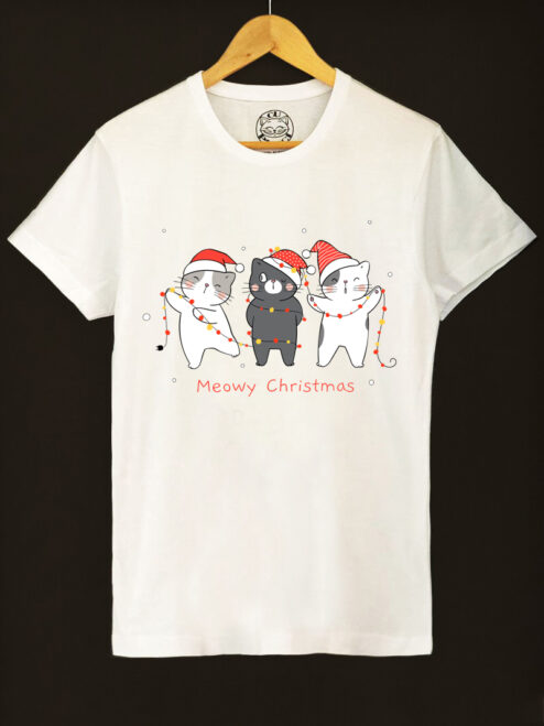 Tricou bumbac organic-Christmas Cats, Barbati-Alb