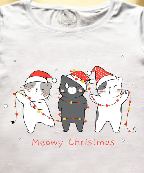 Tricou bumbac organic-Christmas Cats, Alb