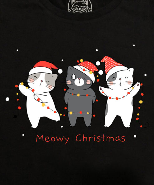 Tricou bumbac organic-Christmas Cats-Negru