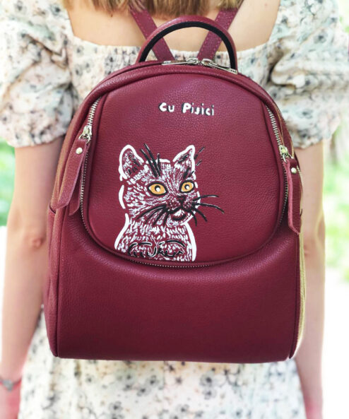 Rucsac din piele naturala, pictat manual-Adorable Cat, Grena