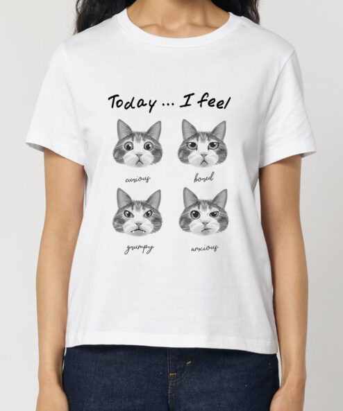 Tricou bumbac organic-Cat Mood, Femei-Alb