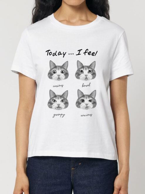 Tricou bumbac organic-Cat Mood, Femei-Alb