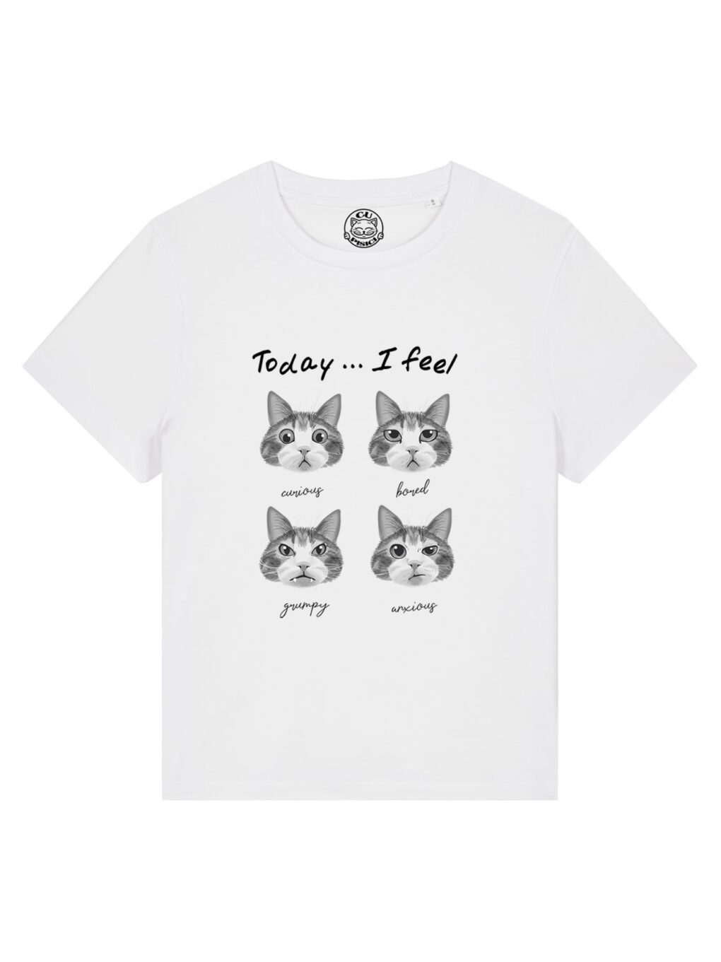 Tricou bumbac organic-Cat Mood, Femei-Alb