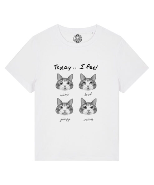 Tricou bumbac organic-Cat Mood, Femei-Alb