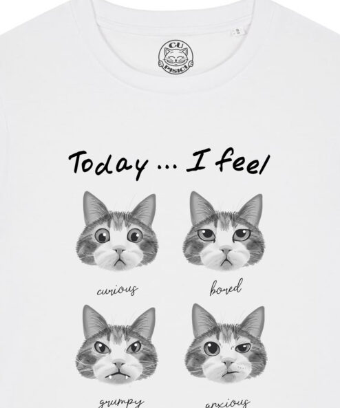 Tricou bumbac organic-Cat Mood, Femei-Alb