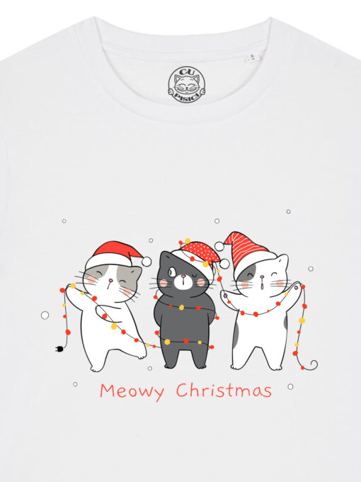 Tricou bumbac organic-Christmas Cats, Femei-Alb