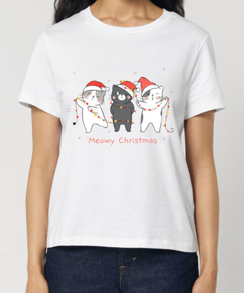 Tricou bumbac organic-Christmas Cats, Femei-Alb