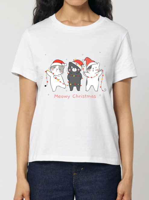 Tricou bumbac organic-Christmas Cats, Femei-Alb