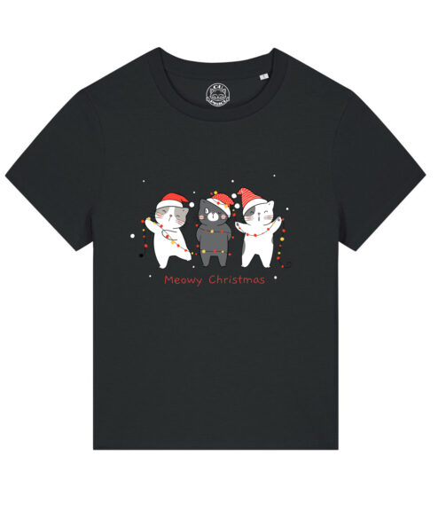 Tricou bumbac organic-Christmas Cats, Femei-Negru