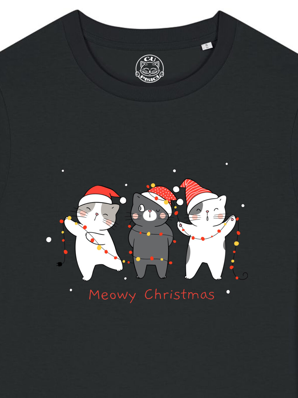 Tricou bumbac organic-Christmas Cats, Femei-Negru