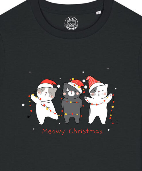 Tricou bumbac organic-Christmas Cats, Femei-Negru