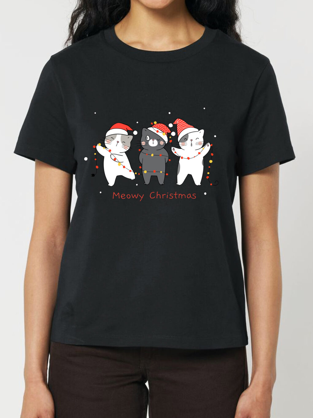 Tricou bumbac organic-Christmas Cats, Femei-Negru