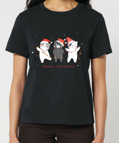 Tricou bumbac organic-Christmas Cats, Femei-Negru