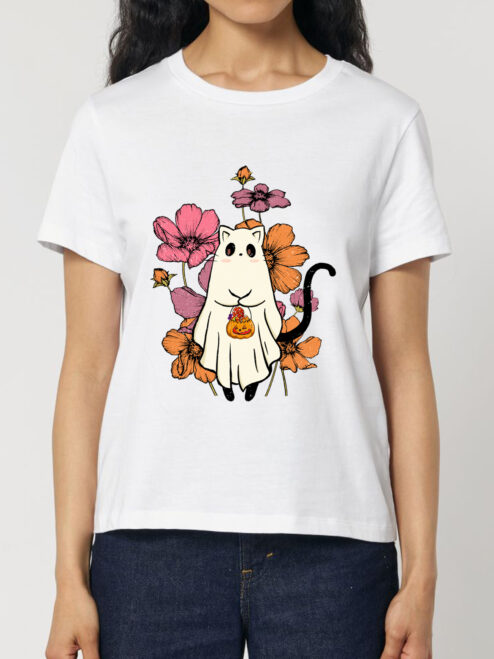 Tricou bumbac organic-Cute Halloween Cat, Femei