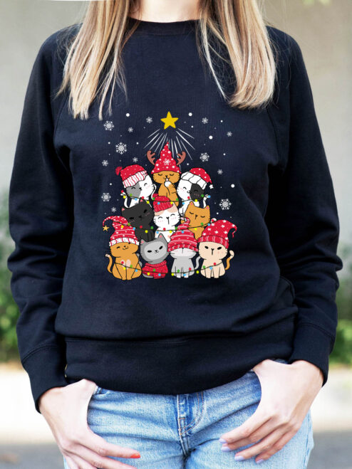 Bluza Printata-Meow Christmas Tree, Femei