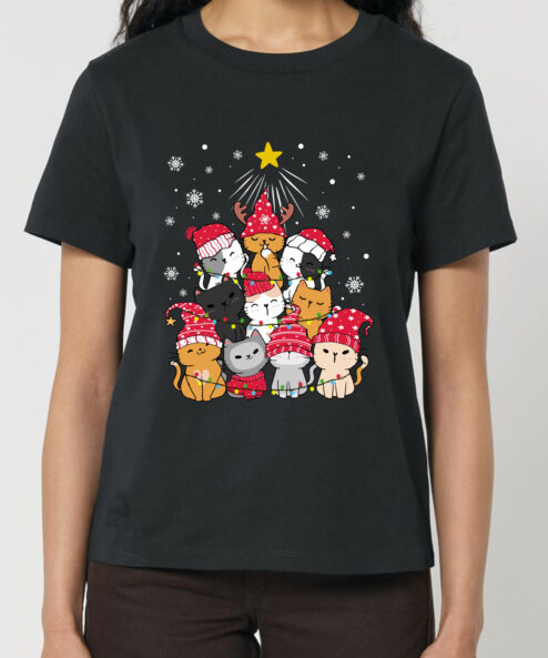 Tricou bumbac organic-Meow Christmas Tree, Femei