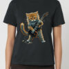 Tricou bumbac organic-Pisica Chitarista, Femei-Negru