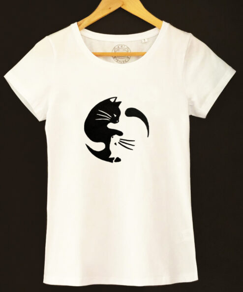 Tricou cu Pisici Yin si Yang, pictat manual-Alb