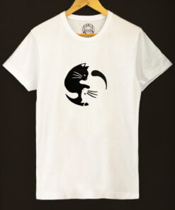 Tricou pentru barbati-Pisici Yin si Yang, pictat manual-Alb