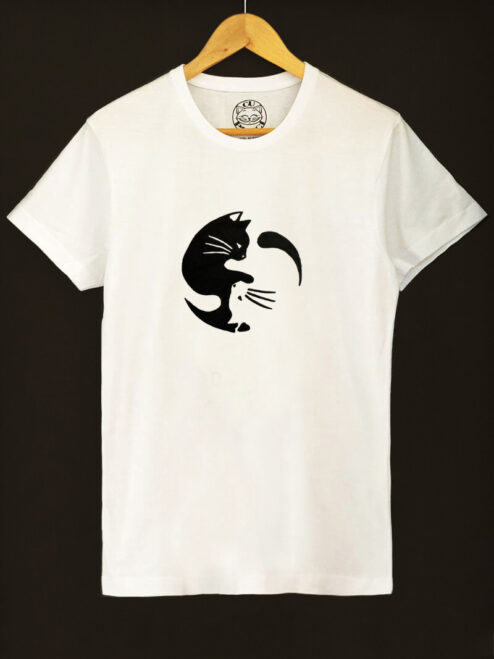 Tricou pentru barbati-Pisici Yin si Yang, pictat manual-Alb