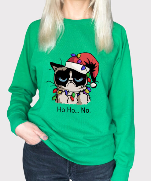 Bluza printata-Christmas Grumpy Cat, Femei, Verde