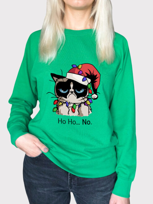 Bluza printata-Christmas Grumpy Cat, Femei, Verde