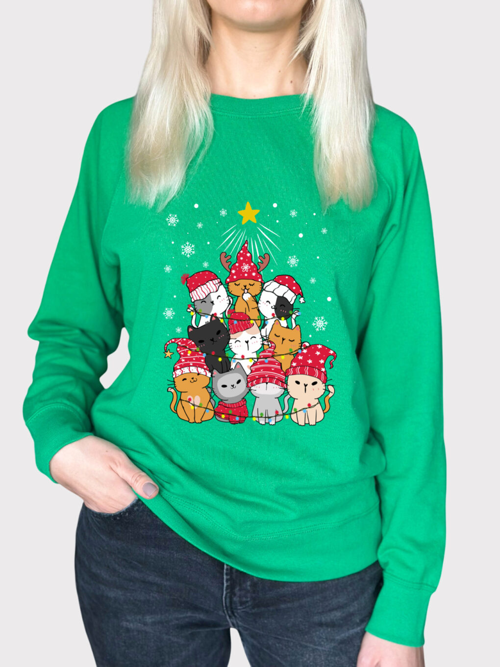 Bluza printata-Meowy Christmas Tree, Femei, Verde