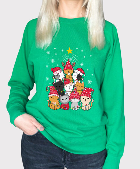 Bluza printata-Meowy Christmas Tree, Femei, Verde