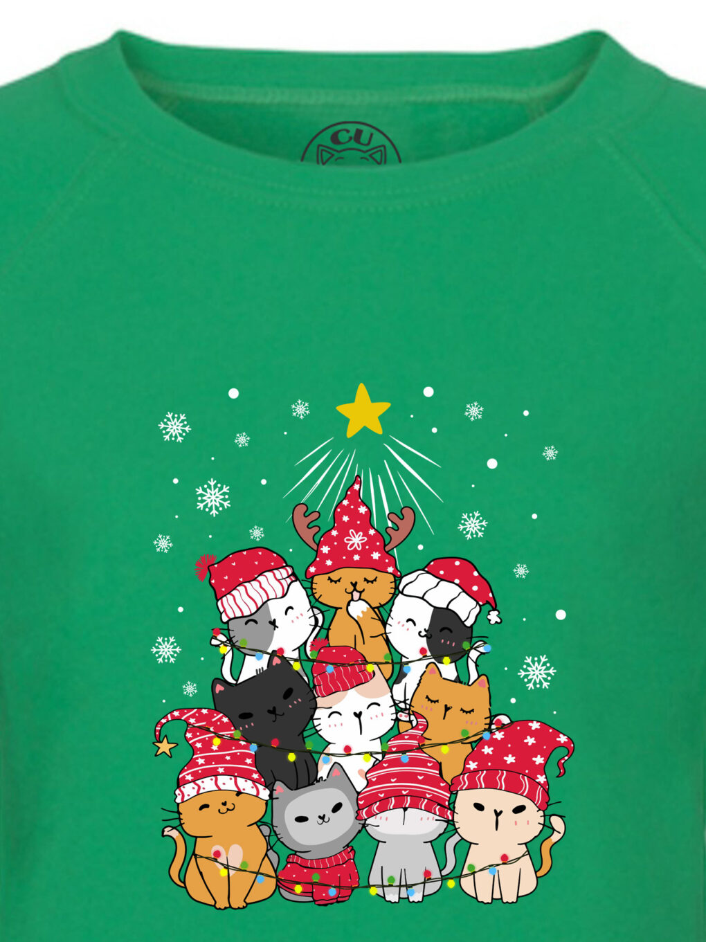 Bluza printata-Meowy Christmas Tree, Femei, Verde