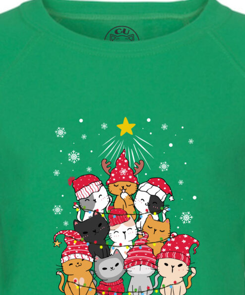 Bluza printata-Meowy Christmas Tree, Femei, Verde