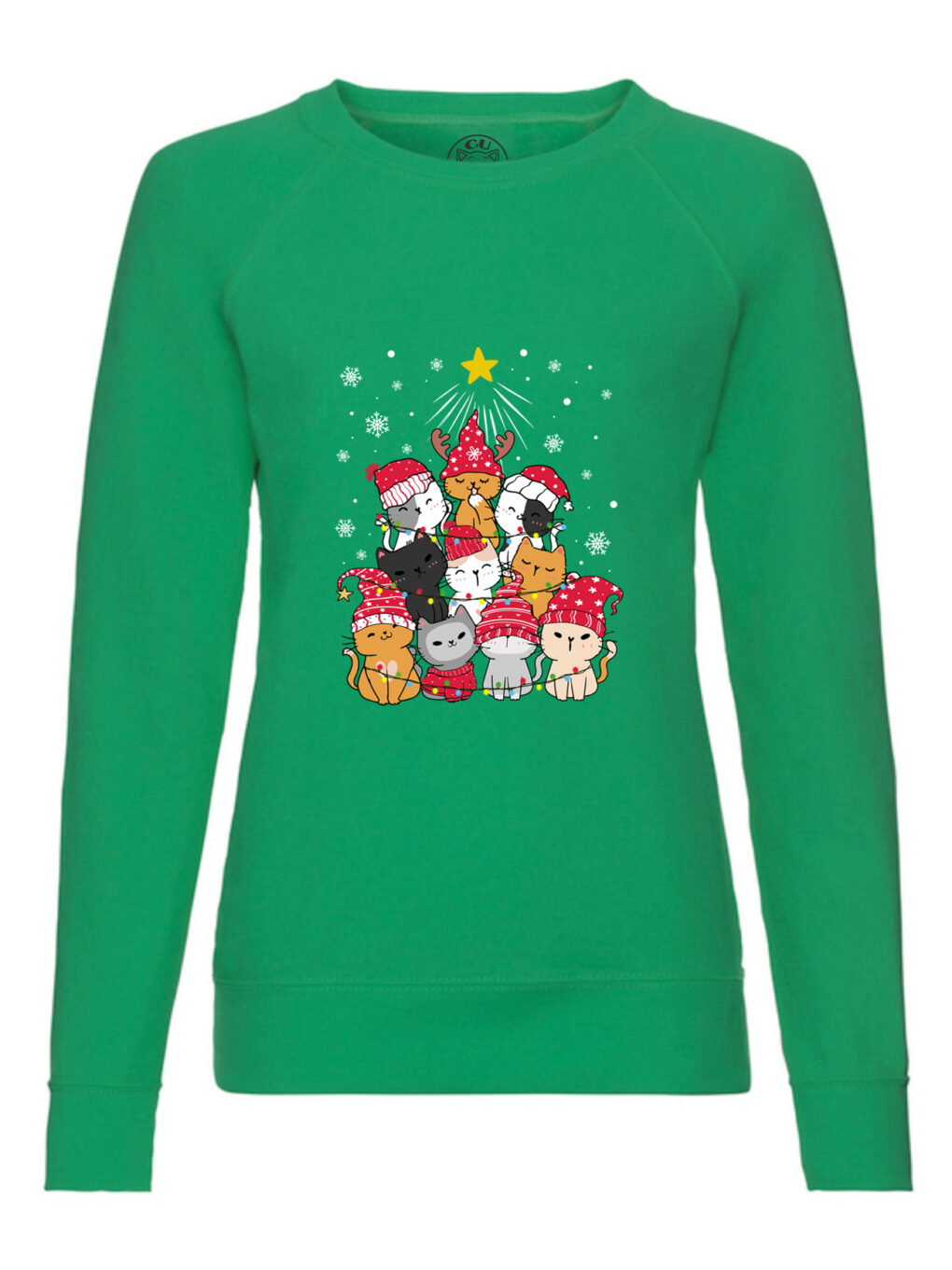 Bluza printata-Meowy Christmas Tree, Femei, Verde