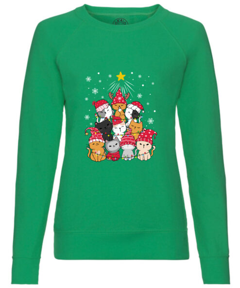 Bluza printata-Meowy Christmas Tree, Femei, Verde