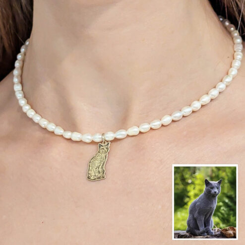 Colier din Argint cu Perle Naturale, Personalizat cu Poza Pisicii
