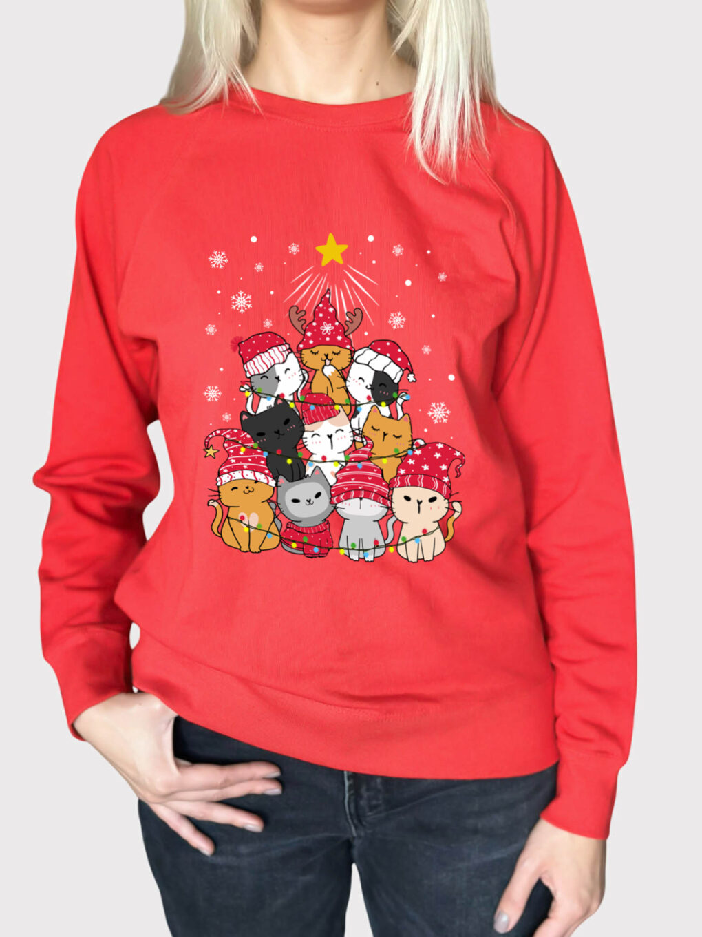 Bluza printata-Meowy Christmas Tree, Femei, Rosie