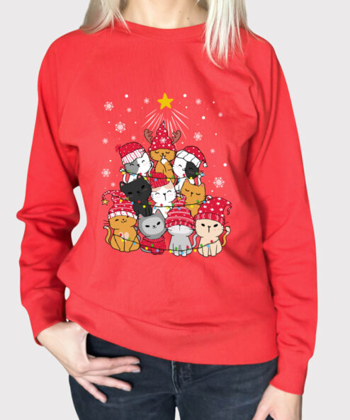 Bluza printata-Meowy Christmas Tree, Femei, Rosie