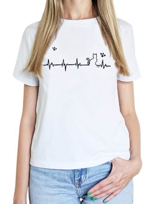 Tricou cu Pisica Heartbeat si Pernute, pictat manual-Alb