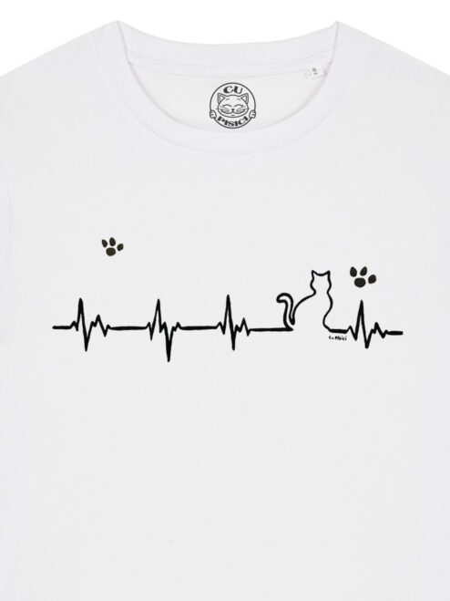 Tricou cu Pisica Heartbeat si Pernute, pictat manual-Alb