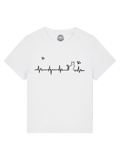 Tricou cu Pisica Heartbeat si Pernute, pictat manual-Alb
