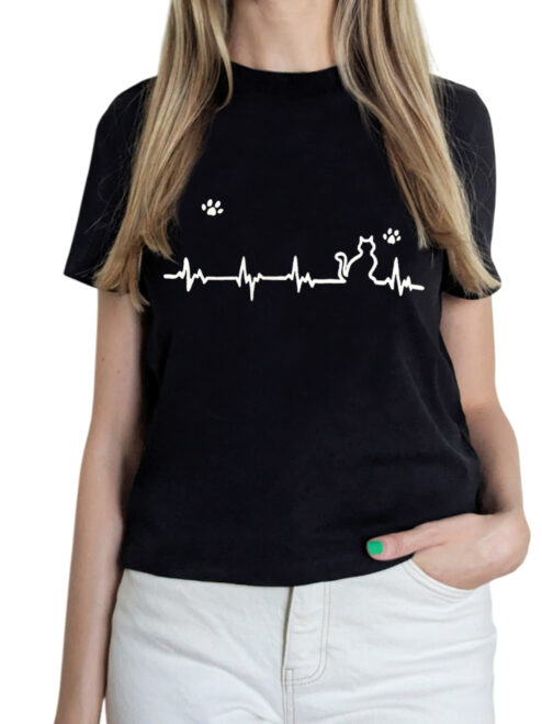Tricou cu Pisica Heartbeat si Pernute, pictat manual-Negru