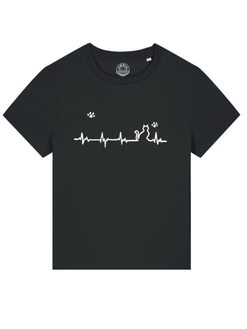 Tricou cu Pisica Heartbeat si Pernute, pictat manual-Negru