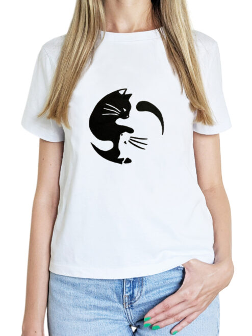 Tricou cu Pisici Yin si Yang, pictat manual-Alb