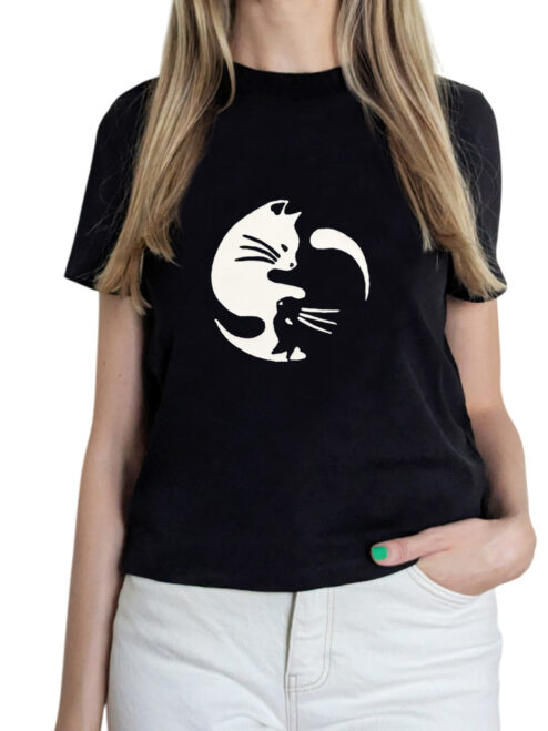 Tricou cu Pisici Yin si Yang, pictat manual