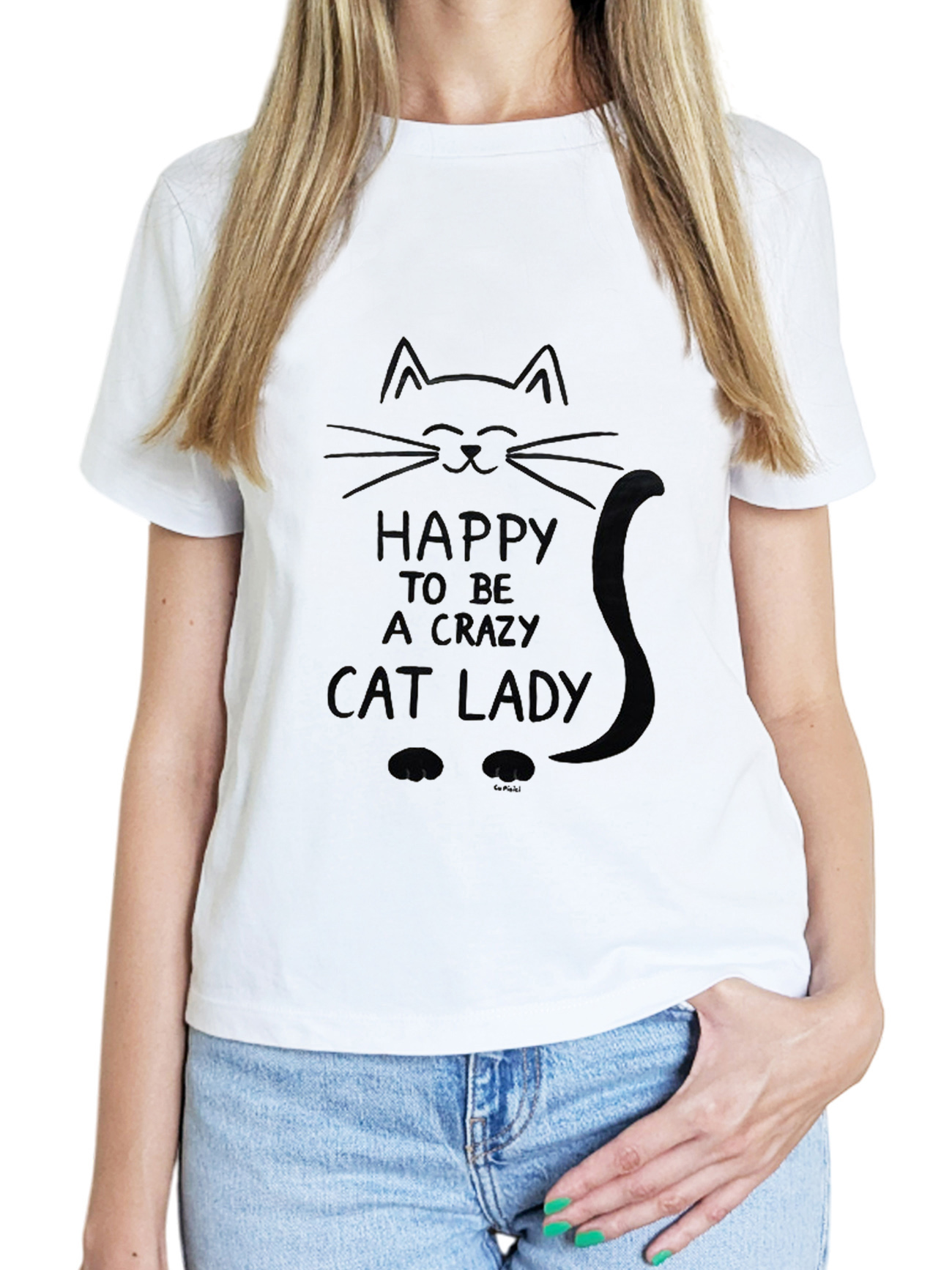 Tricou pictat manual-Crazy Cat Lady, Alb
