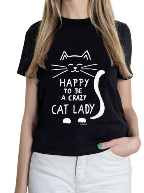Tricou pictat manual-Crazy Cat Lady, Negru