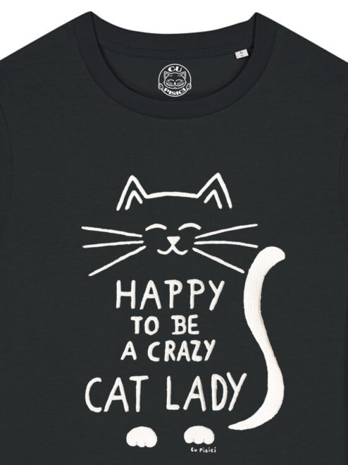 Tricou pictat manual-Crazy Cat Lady, Negru
