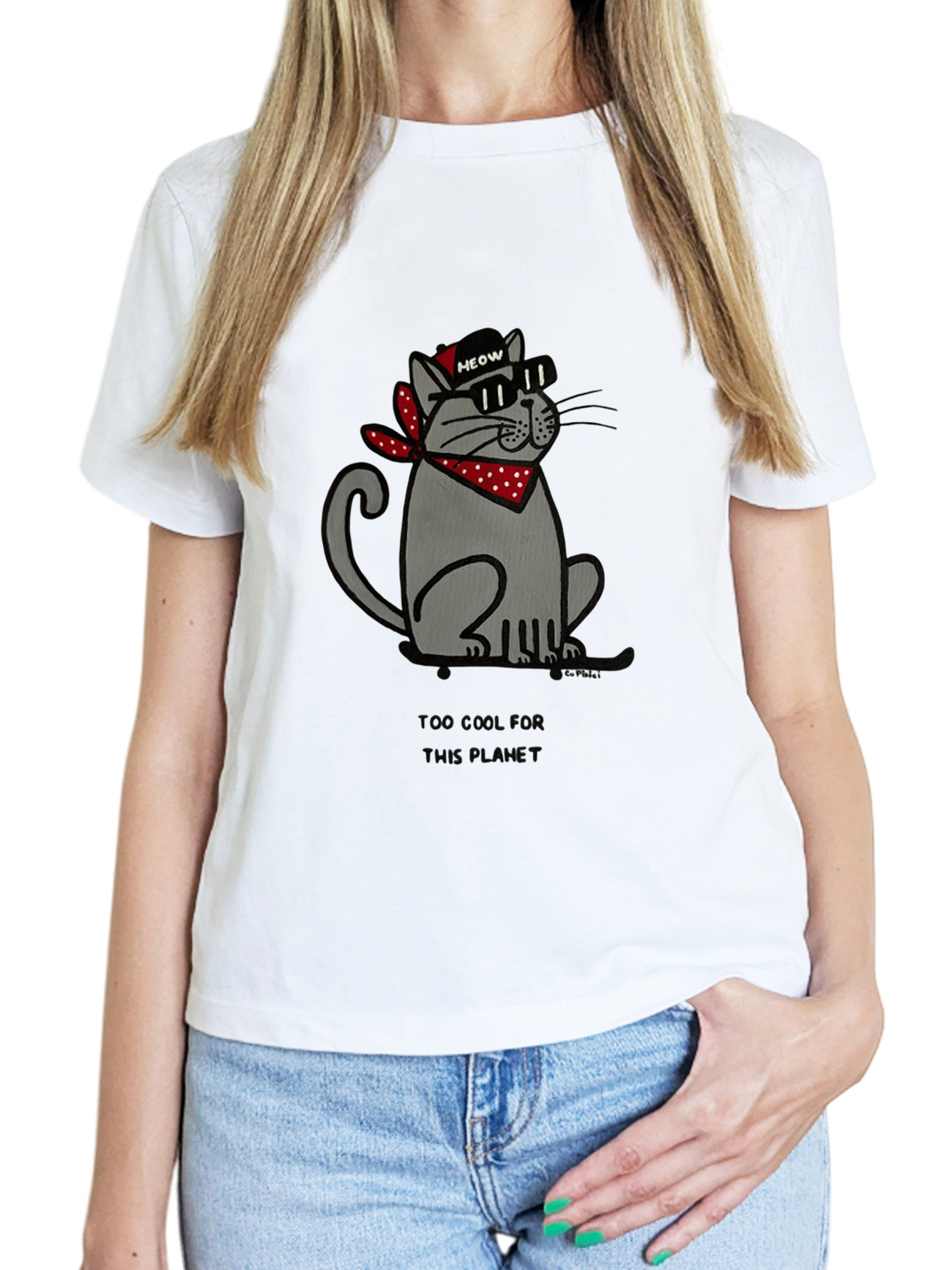 Tricou pictat manual-Too COOL for this Planet-Gray, Femei