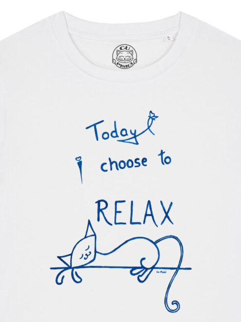 Tricou pictat manual cu Pisica Lenesa-Alb