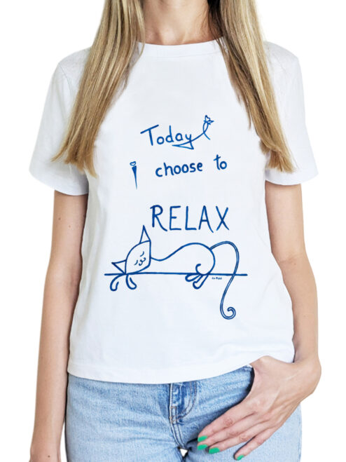 Tricou pictat manual cu Pisica Lenesa-Alb