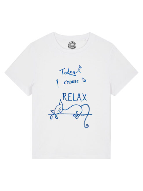 Tricou pictat manual cu Pisica Lenesa-Alb